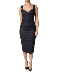Dark Blue Cotton Denim Sheath Midi Dress