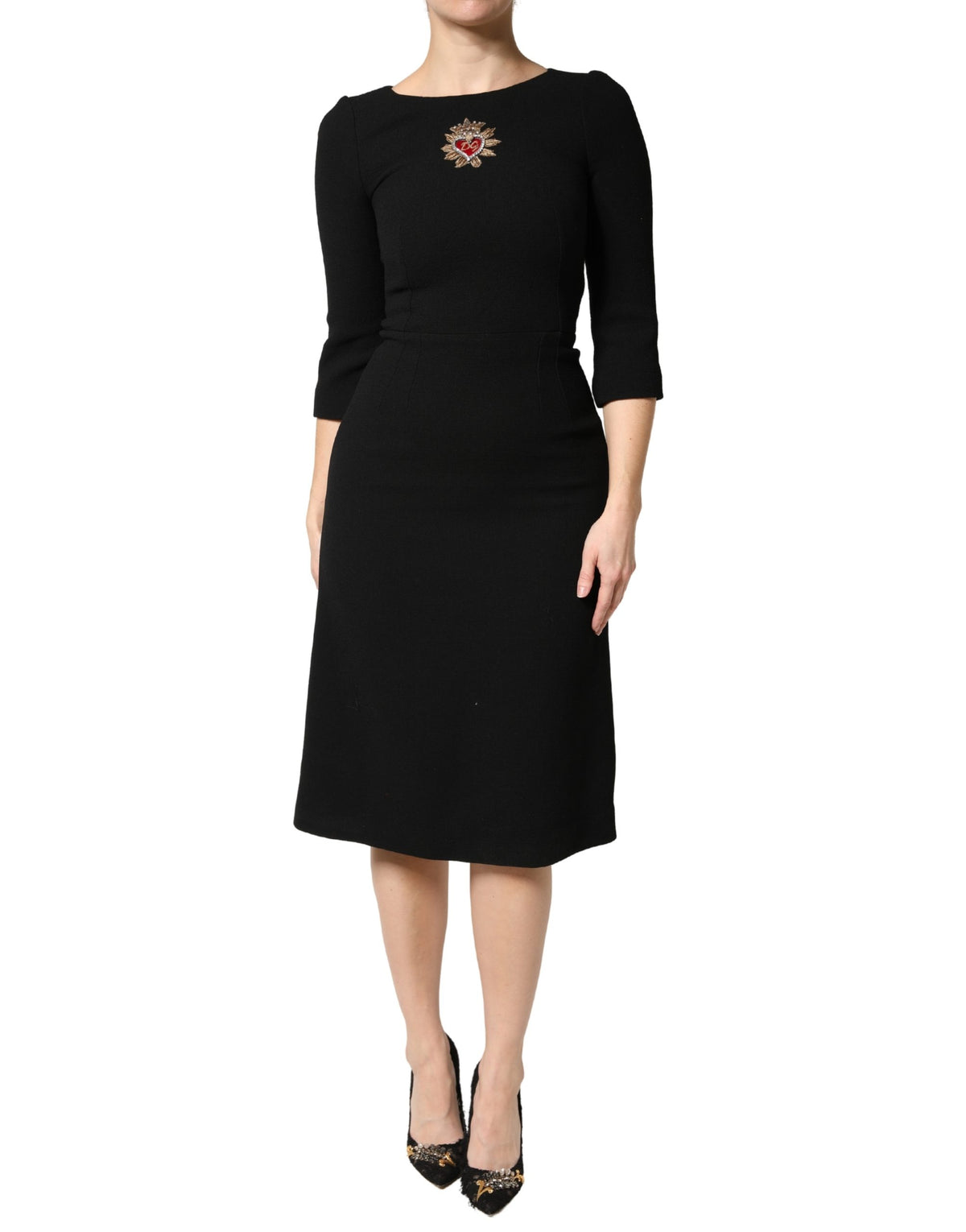 Black Wool Sacred Heart Patch Midi Dress
