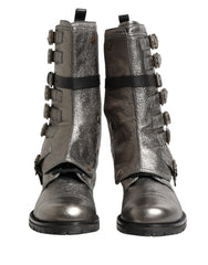 Metallic Silver Combat Biker Mid Calf Boots Shoes