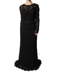 Black Lace Long Sleeves Cotton Maxi Dress