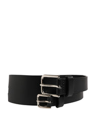 Black Double Strap Leather Silver Buckle Belt