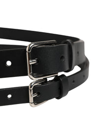 Black Double Strap Leather Silver Buckle Belt
