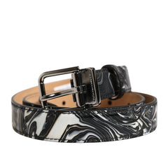 Men Black Marble Leather Metal Buckle Belt