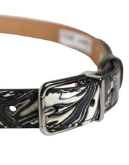 Men Black Marble Leather Metal Buckle Belt