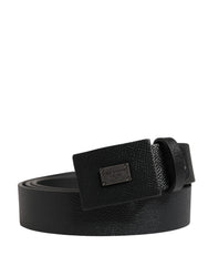 Men Black Calfskin Leather Square Buckle Belt