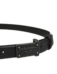Men Black Calf Leather Logo Metal Buckle Belt