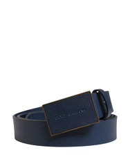 Men Blue Calf Leather Logo Metal Buckle Belt