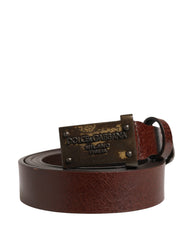 Men Brown Classic Leather Logo Buckle Belt