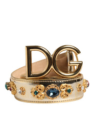 Gold Leather Crystals Logo Metal Buckle Belt