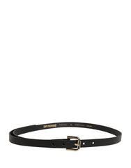 Black Leather Slim Gold Tone Buckle Waist Men Belt