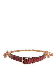 Red Leather Daisy Crystal Embellished Waist Belt