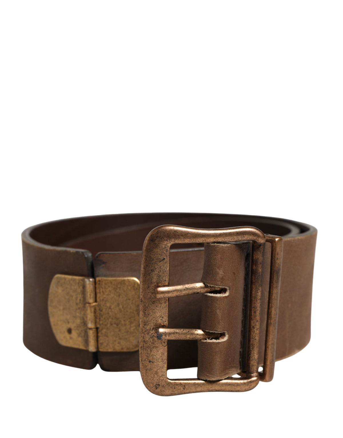 Brown Leather Wide Gold Metal Buckle Belt