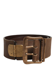 Brown Leather Wide Gold Metal Buckle Belt