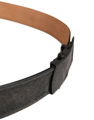 Black Leather Cotton Logo Metal Buckle Belt