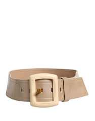 Beige Leather Logo Wide Waist Women Square Buckle Belt
