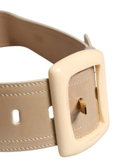 Beige Leather Logo Wide Waist Women Square Buckle Belt