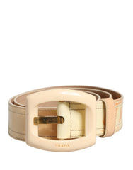 Beige Leather Logo Wide Waist Women Square Buckle Belt