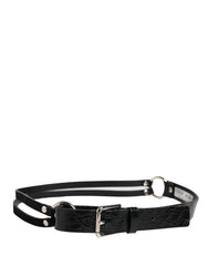 Black Exotic Leather Silver Metal Buckle Belt