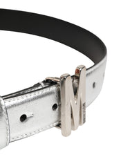 Silver Leather Logo Metal Buckle Waist Belt