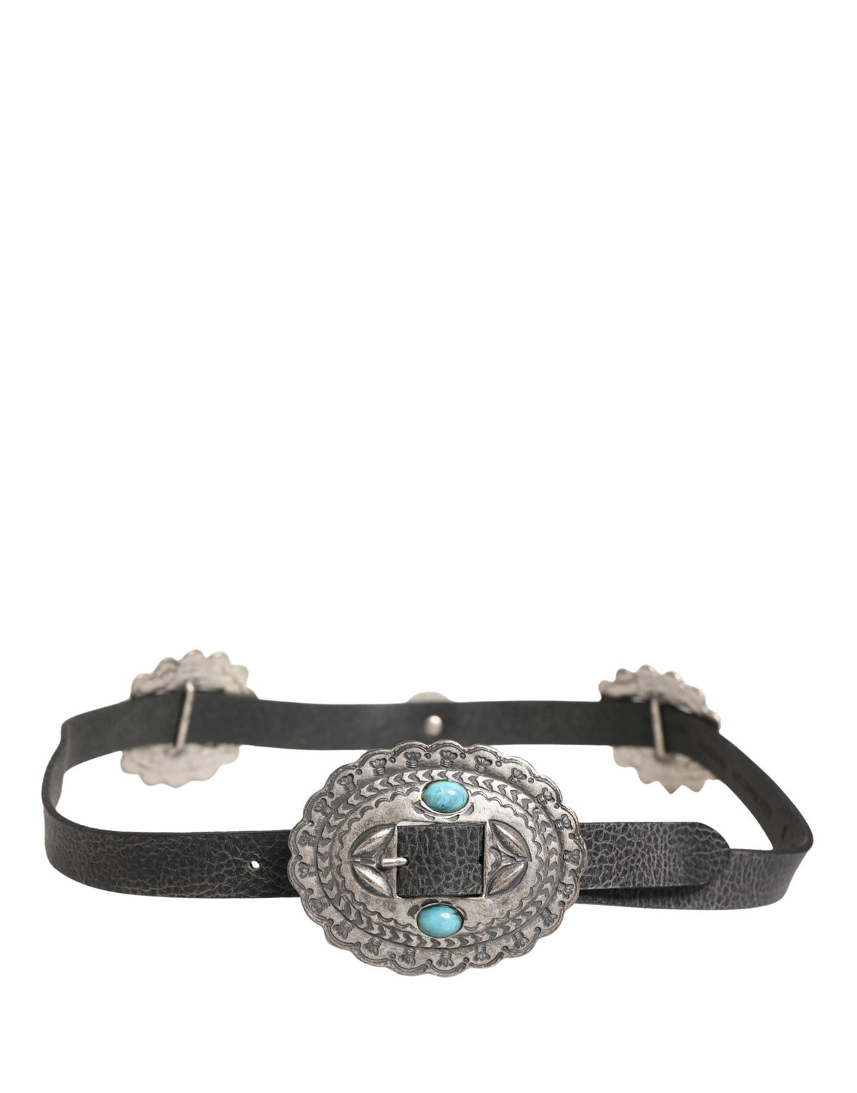 Black Turquoise Leather Embellished Oval Buckle Belt