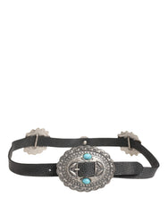 Black Turquoise Leather Embellished Oval Buckle Belt