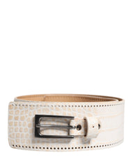 White Textured Leather Wide SilverMetal Buckle Belt