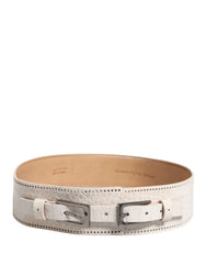 White Textured Leather Wide SilverMetal Buckle Belt