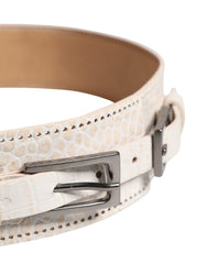 White Textured Leather Wide SilverMetal Buckle Belt