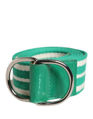 White Green Stripes Canvas Silver Metal Buckle Belt