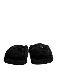 Black Faux Fur Panther Plush Flat Slides Shoes