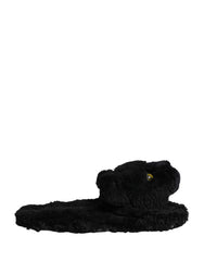 Black Faux Fur Panther Plush Flat Slides Shoes