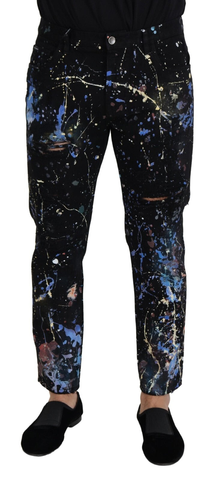 Black Cotton Color Splash Print Denim Jeans