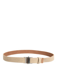 Men Beige Canvas Silver Metal Buckle Cintura Belt