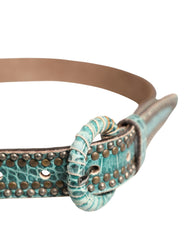 Women Green Leather Croco Print Studded Belt