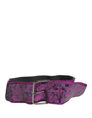 Women Purple Sequined Silver Metal Buckle Belt