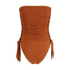 Brown Polyester One-Piece Swimsuit