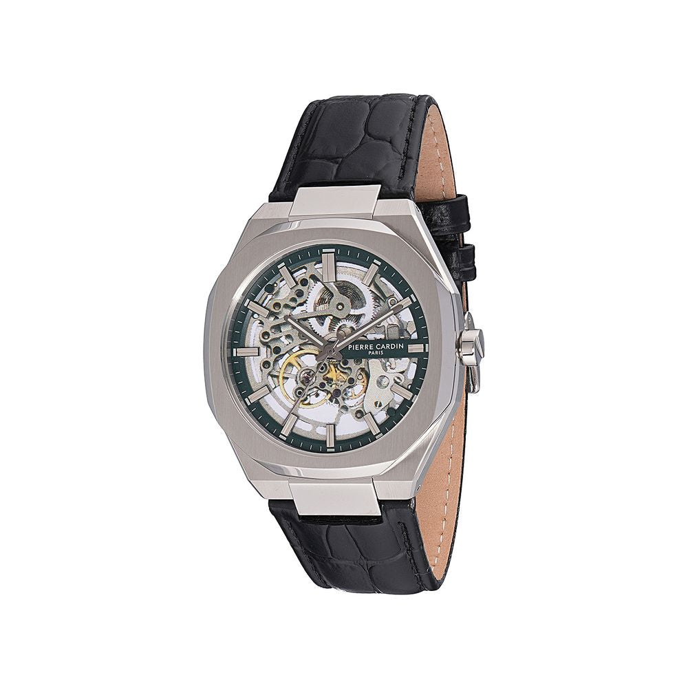 ساعة مع سوار من الجلد الأسود