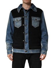 Black Blue Cotton Denim Blouson Men  Jacket