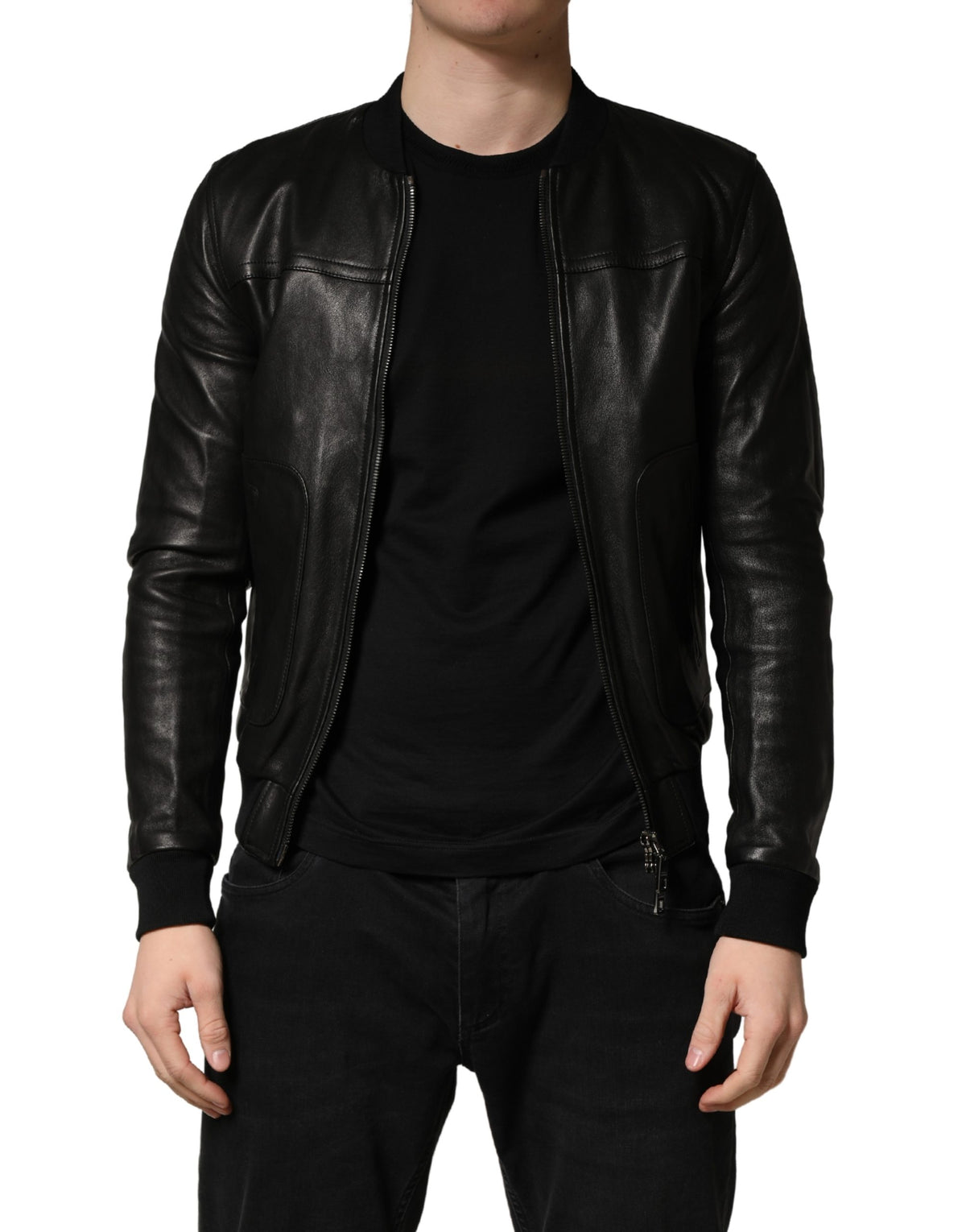 Black Lamb Leather Full Zip Biker  Jacket