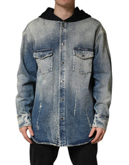 Blue Hooded Cotton Buttoned Denim Jacket
