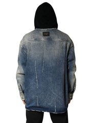 Blue Hooded Cotton Buttoned Denim Jacket
