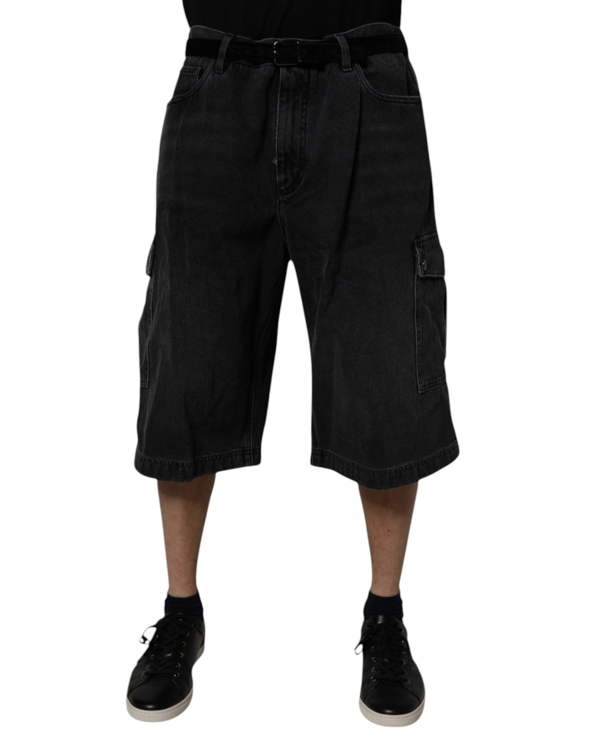 Black Mid Waist Denim Cargo Bermuda  Shorts