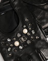 Black Embellished Wrist Length Mitten Women Gloves