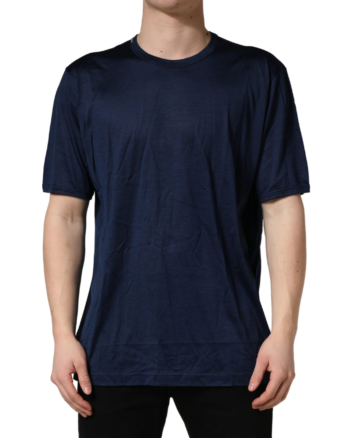 Dark Blue Silk Short Sleeve CrewNeck T-shirt