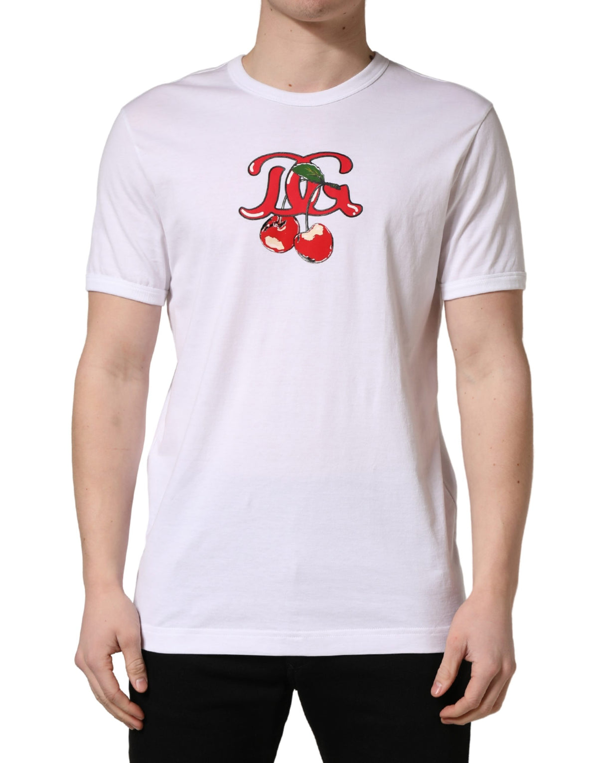 White DG Cherries Cotton Crew Neck  T-shirt