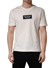 White Logo Patch Cotton Men Crew Neck  T-shirt