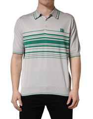 Gray Green Striped Logo Silk Polo T-shirt