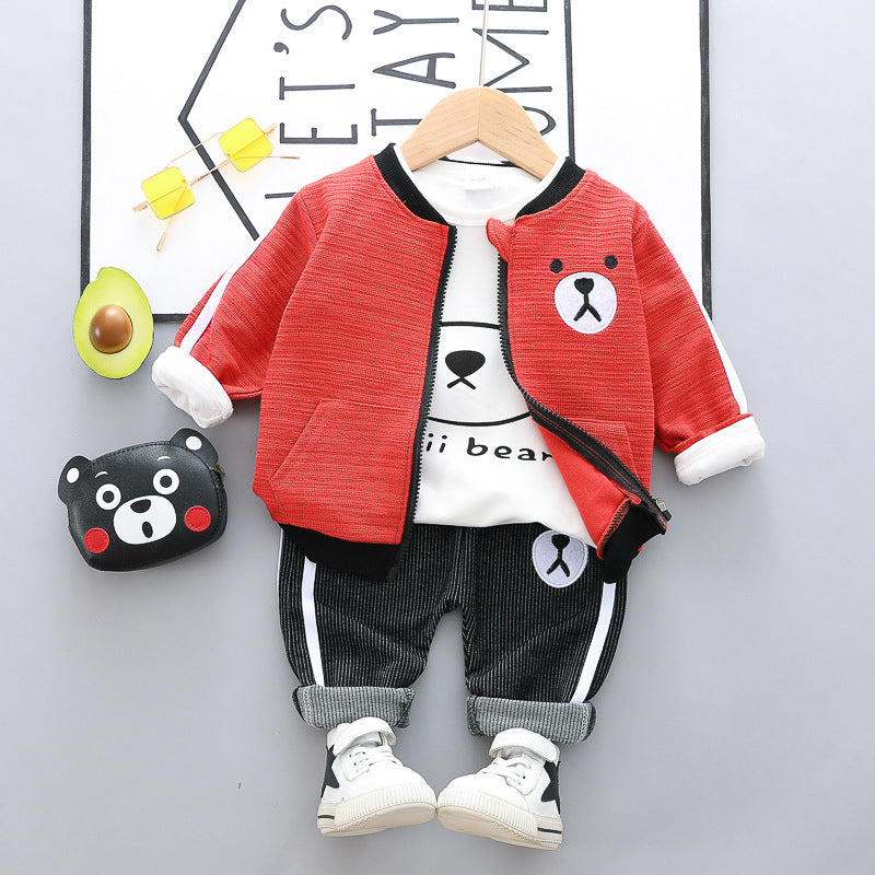 Children's Pants Set Zip-up Shirt Three-piece Cartoon Cotton Bear