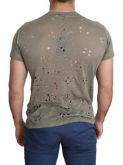 Brown Cotton Stretch Logo Print Men Casual Perforated T-Shirt
