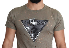 Brown Cotton Stretch Logo Print Men Casual Perforated T-Shirt